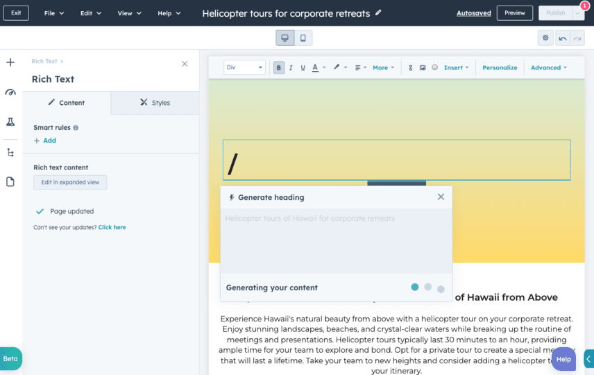 HubSpot content assistant generating headings