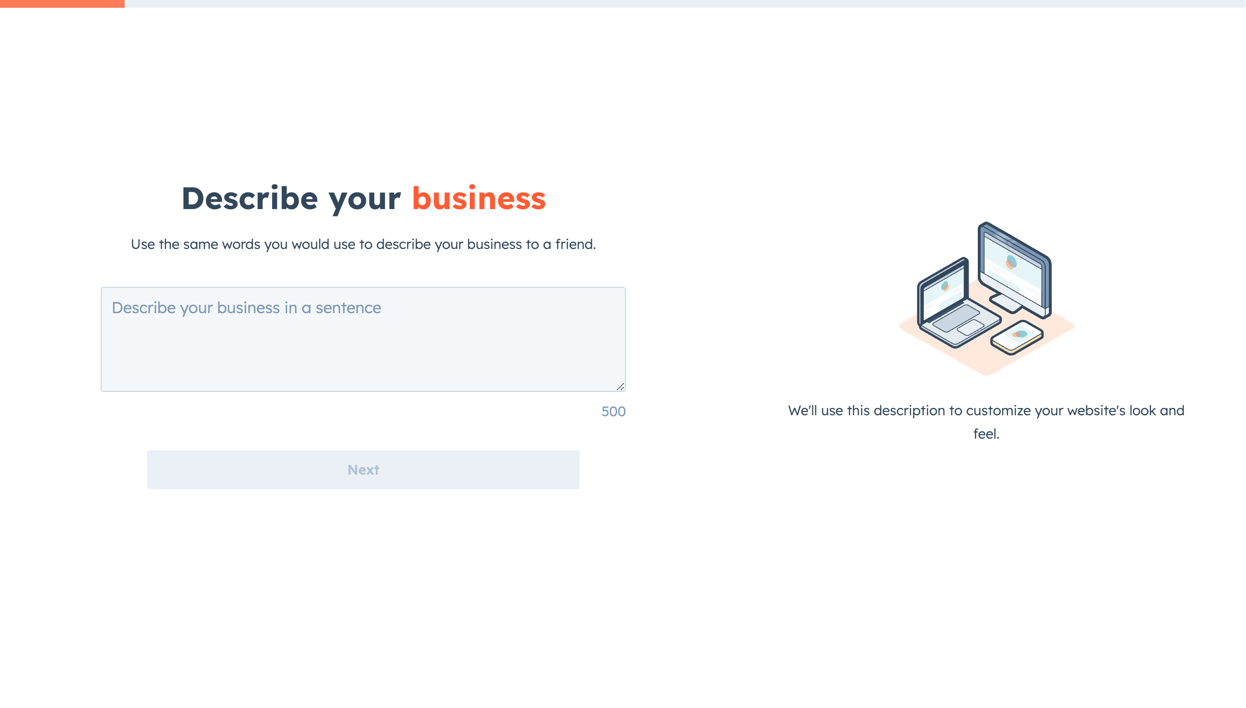 HubSpot AI website generator showing text field to describe your business.