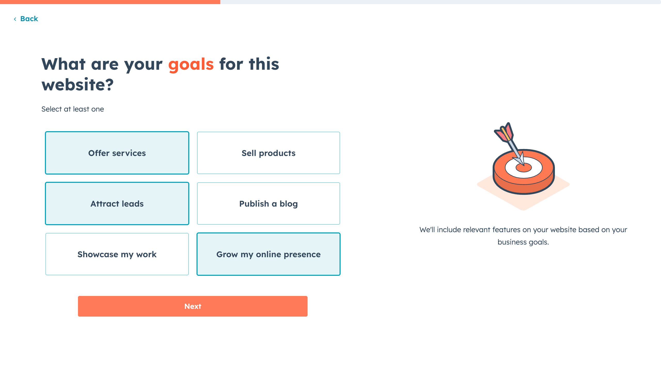 HubSpot AI website generator showing option to select goals for your website.