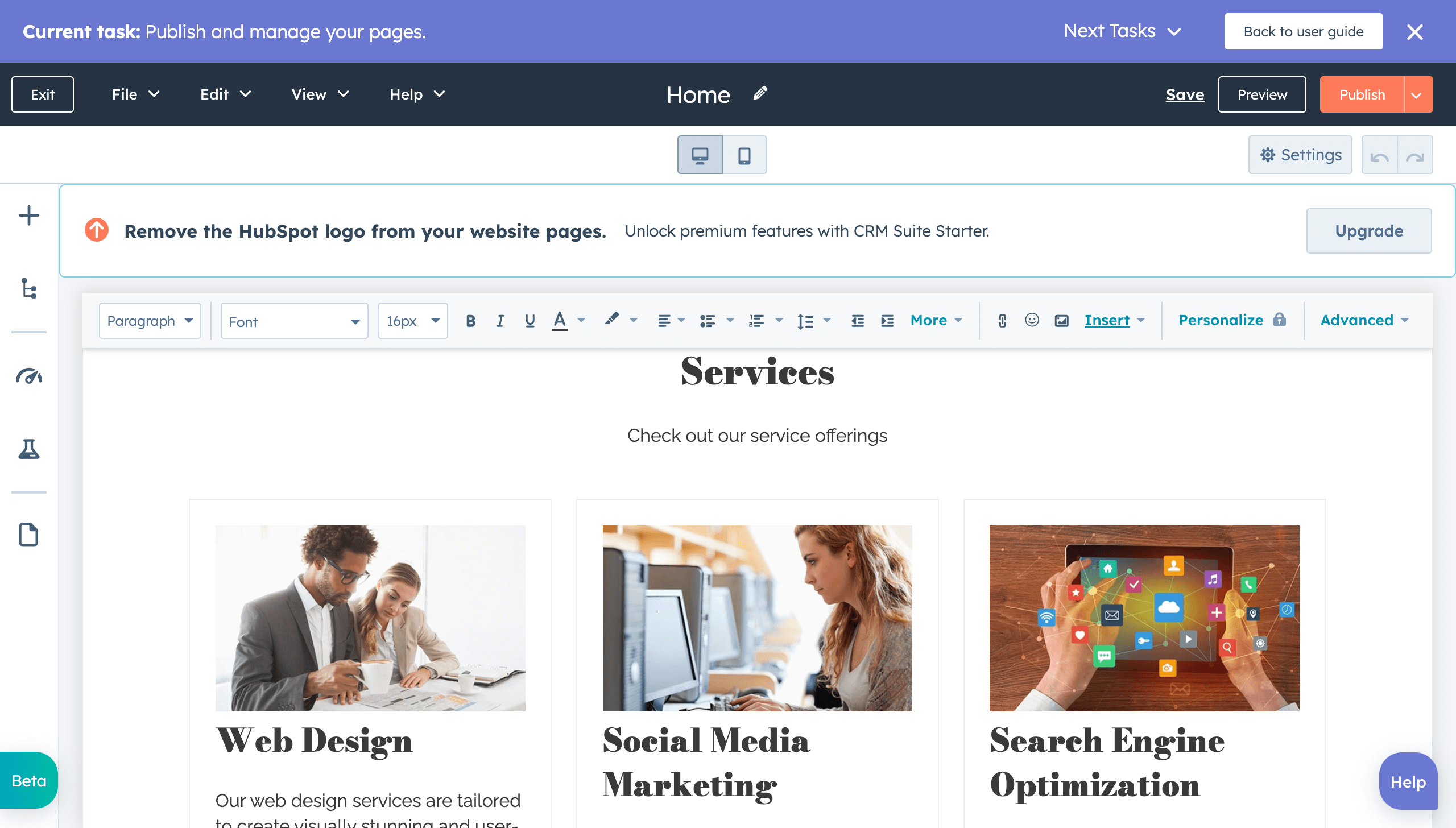 HubSpot AI website generator showing example of a website with multiple services available