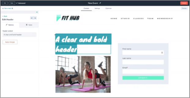 HubSpot landing page tool showing drag-and-drop editor